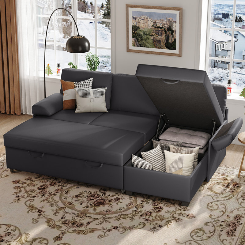 80" L-Shaped Sleeper Sectional Sofa with Pull-Out Bed and Storage Chaise, for Living Room Office, Gray Faux Leather