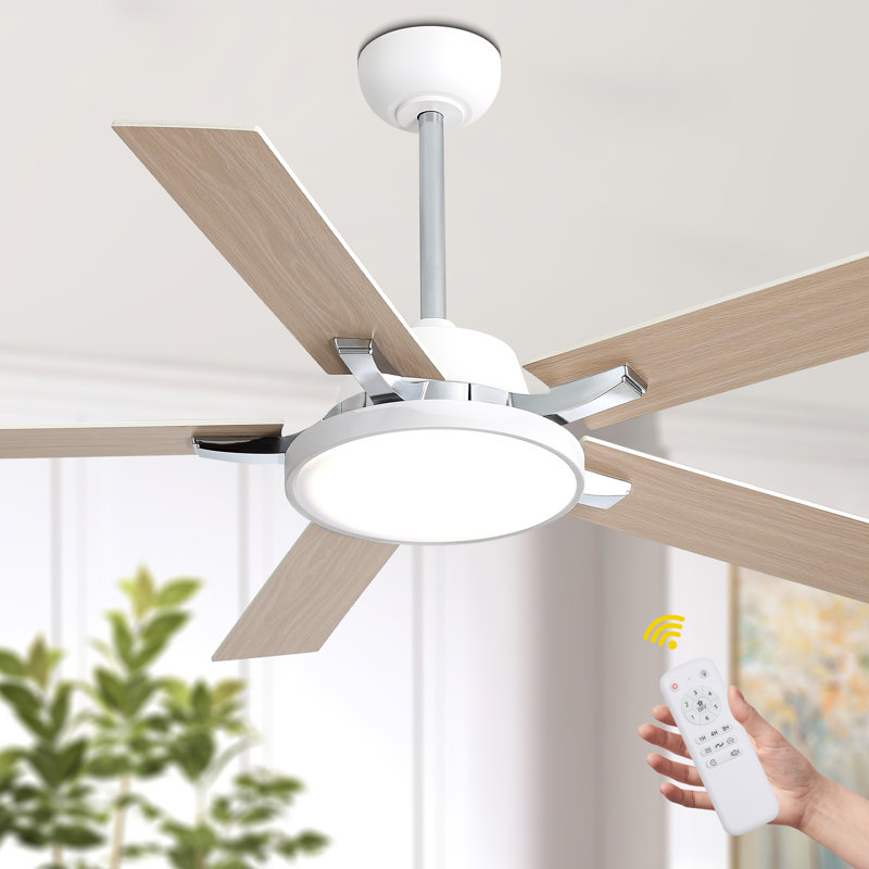 Ventilateur de plafond blanc moderne de 52 pouces avec lumière et télécommande, ventilateur de plafond silencieux à 6 vitesses pour chambre à coucher