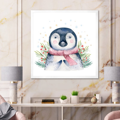 Portrait d'un bébé pingouin avec une écharpe rose - reproduction d'art sur toile pour enfants