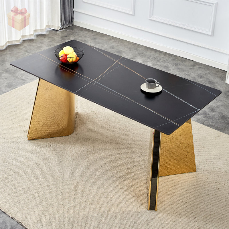 Table de salle à manger 63 x 31,5 x 30 pouces à motif de marbre noir avec pieds papillon en acier inoxydable doré, résistant aux rayures et à la chaleur