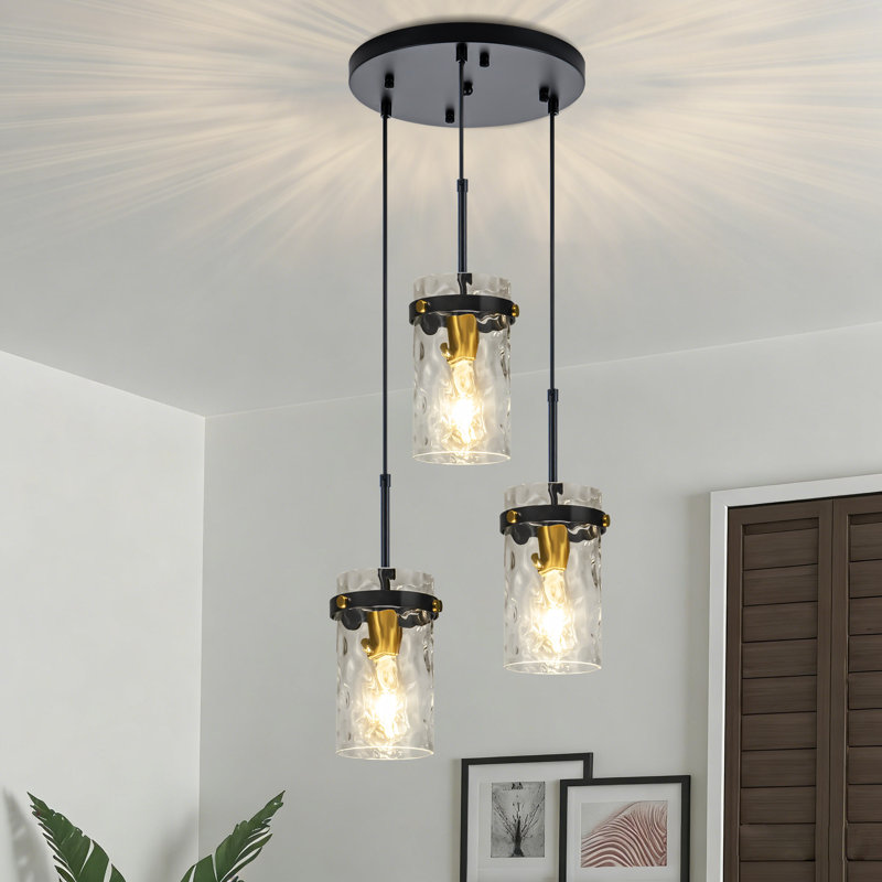 Levona 3-Light Water Hammered Glass Dimmable Kitchen Island Pendant, Black/Gold