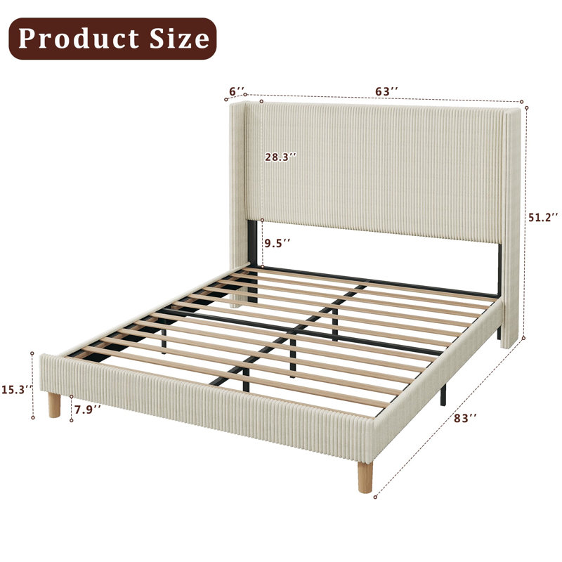 Upholstered Bed Frame With Tall Headboard, Queen, White