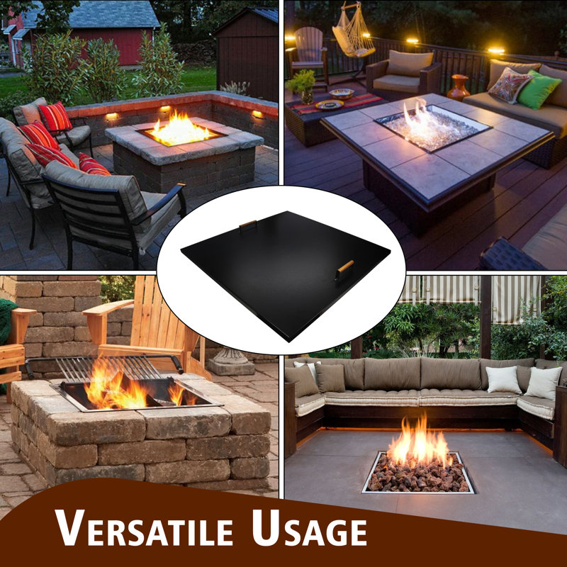 42'' Black Steel Square Fire Pit Lid with Wooden Handles