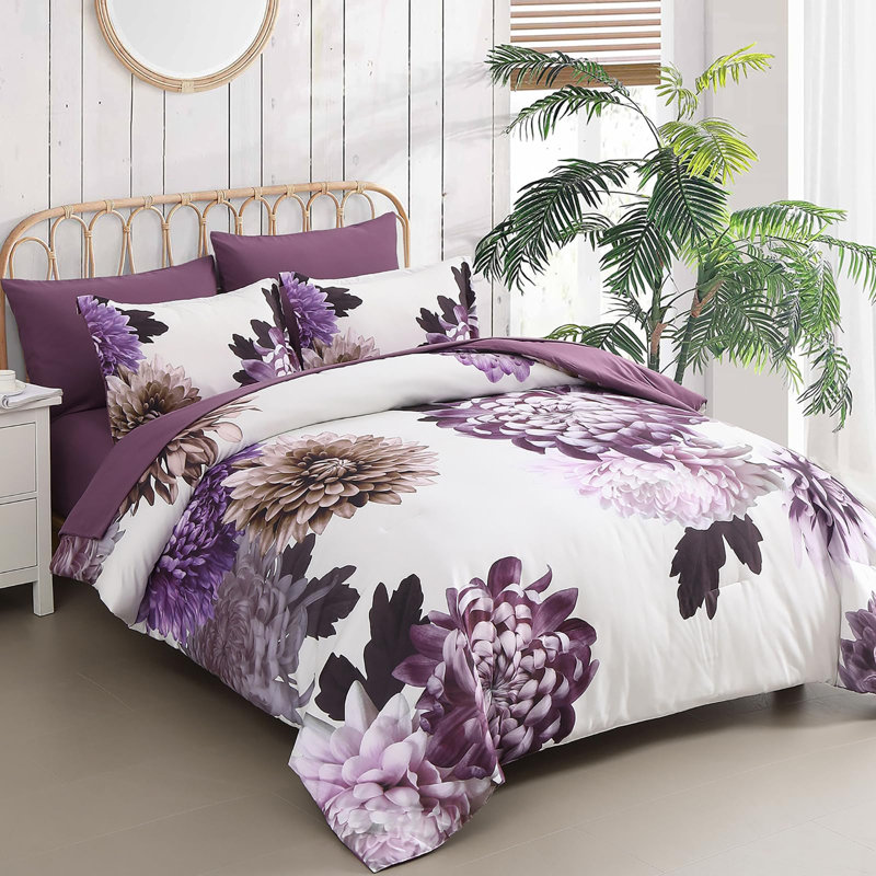 Ensemble de literie en microfibre 7 pièces, Édredon de très grande taille et 6 pièces suppl, Violet Floral 1