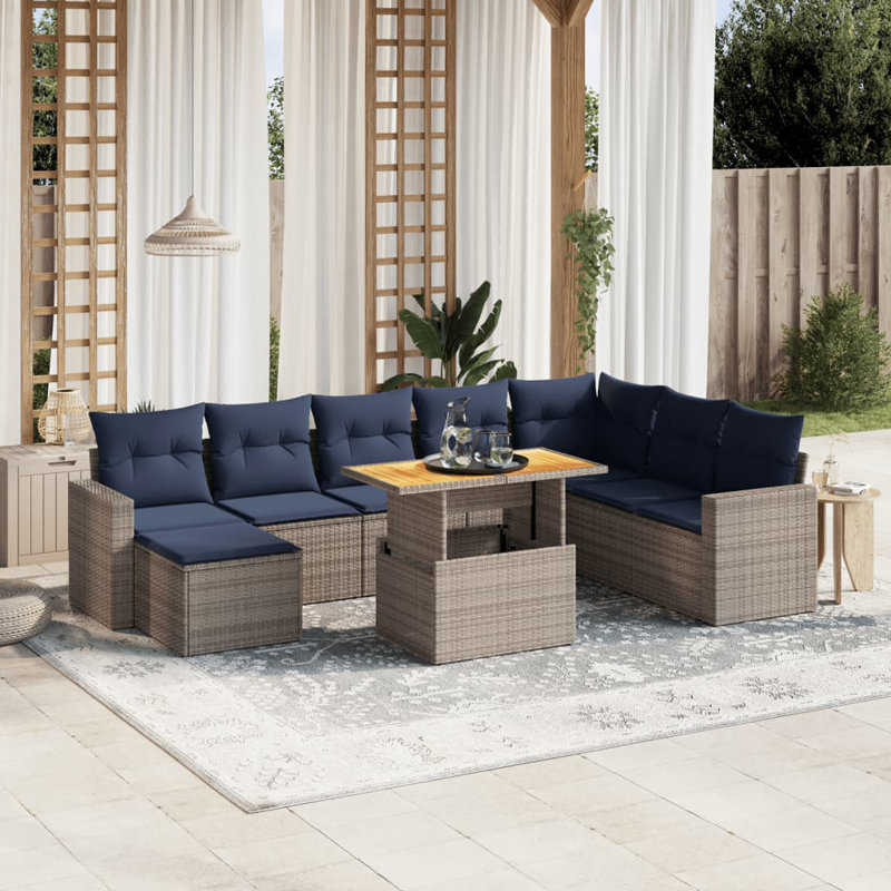  Ensemble de canapé de patio 9 pièces avec coussins en rotin de polyester, Gris, Bleu