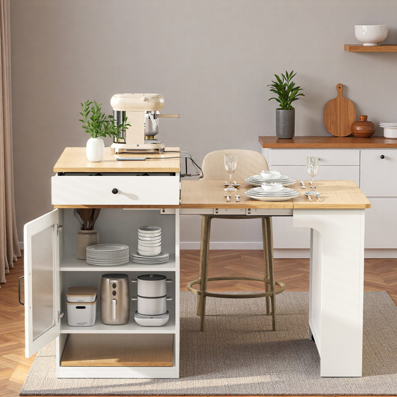 Îlot de cuisine à rangement extensible avec rangement double face et prise de courant, Blanc