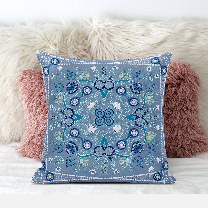 Indoor / Outdoor Floral Square Cushion, 66cm H x 66cm W, Muted Blue/White