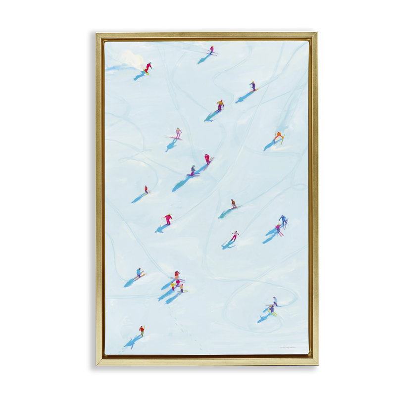 «People on Ski Slopes», toile flottante par Kamdon Kreations, H 25 po x l 17 po, Cadre flottant métallique doré