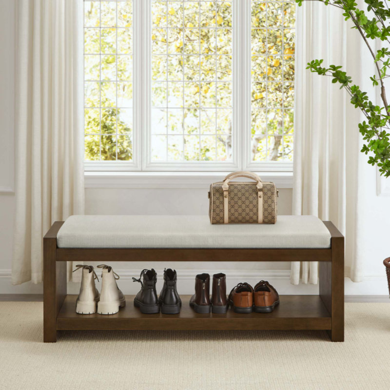 Accent Bench With Lower Shelf Shoe Rack, Padded Seating Bench For Living Room, Modern Compact Bed End Bench With Storage For Bedroom Seating, Removable Cushion