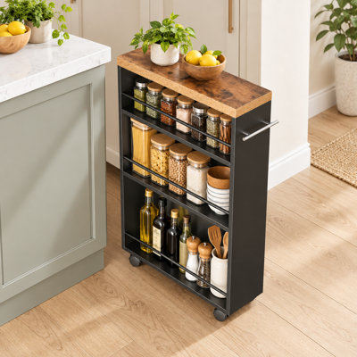 Slim Rolling Storage Cart with Wheels, 3-Tier Narrow Kitchen Organizer with Wood Grain Top, Side Handle and Guard Rails, Mobile Utility Storage Rack for Kitchen, Laundry Room, Bathroom and Small Spaces, Black