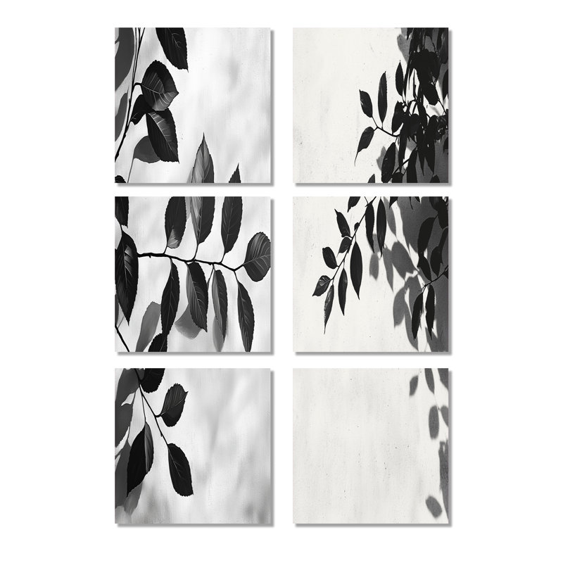 Black Leaves Shadow Silhouette - Ensemble de 6 décorations murales florales, Toile tendue, Ne s’applique pas