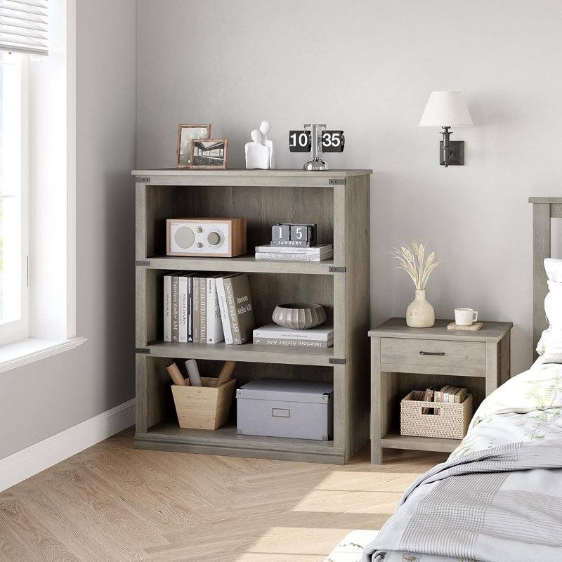 3-Tier Farmhouse Wooden Bookcase, Freestanding Open Storage Display Shelf with Rustic Finish, Wall Anchor & Rear Stabilizer, for Home, Bedroom and Office