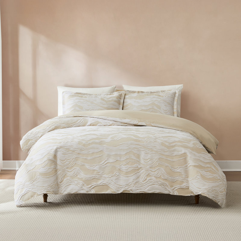 Cascade Wave Cotton Duvet Cover Cream/White 3 Piece Set King, Cream, King Duvet Cover + 2 King Shams