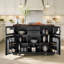 Îlot de cuisine mobile noir de 120 cm (47,2 pouces) avec plateau rabattable, station de préparation roulante, concentrateur de chargement intégré, portes vitrées, portes d'armoire en forme de X, roulettes verrouillables et tiroirs de rangement pour la cuisine.-707802217