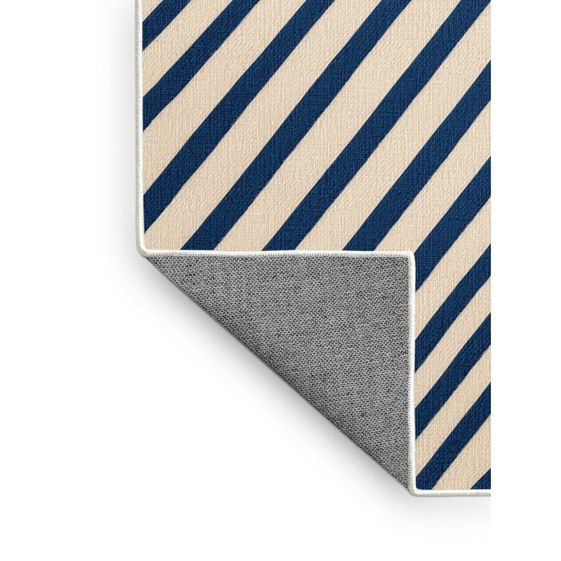 Washable Sky Blue Cream Striped Area Rug, Round 3'