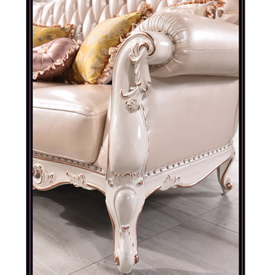 Carved Solid Wood Sofa 88.19'' Leather Sofa