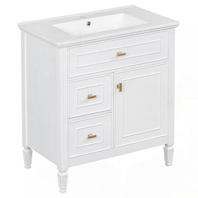 Meuble-lavabo polyvalent avec plusieurs tiroirs et tablettes