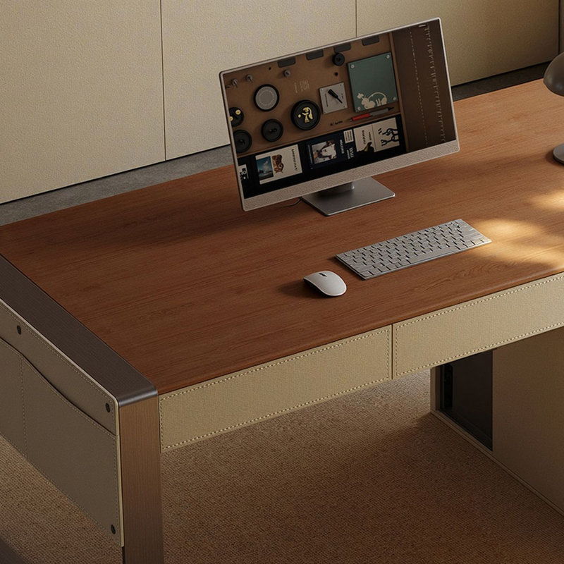 Bureau à 6 tiroirs brun noisette + bois manufacturé rectangulaire beige + acier + Barenia, Retour à droite