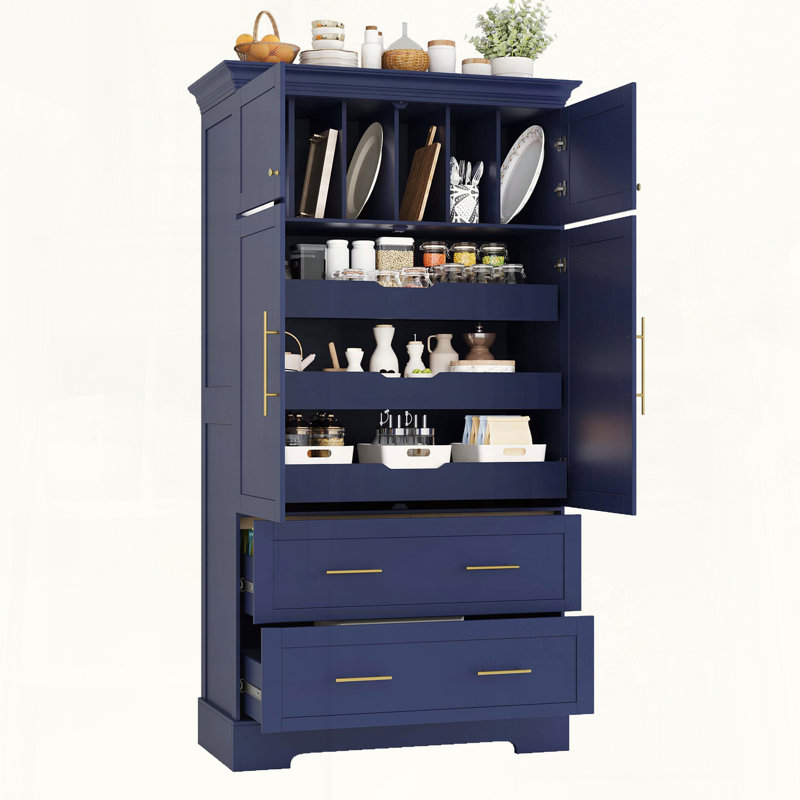 Garde-manger autoportant Farmhouse avec plateaux coulissants et rangement pour moules à gâteaux, Blue