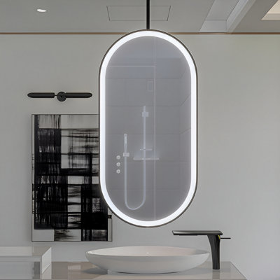 Paris - 1 miroir ovale noir suspendu en verre 1 côté 