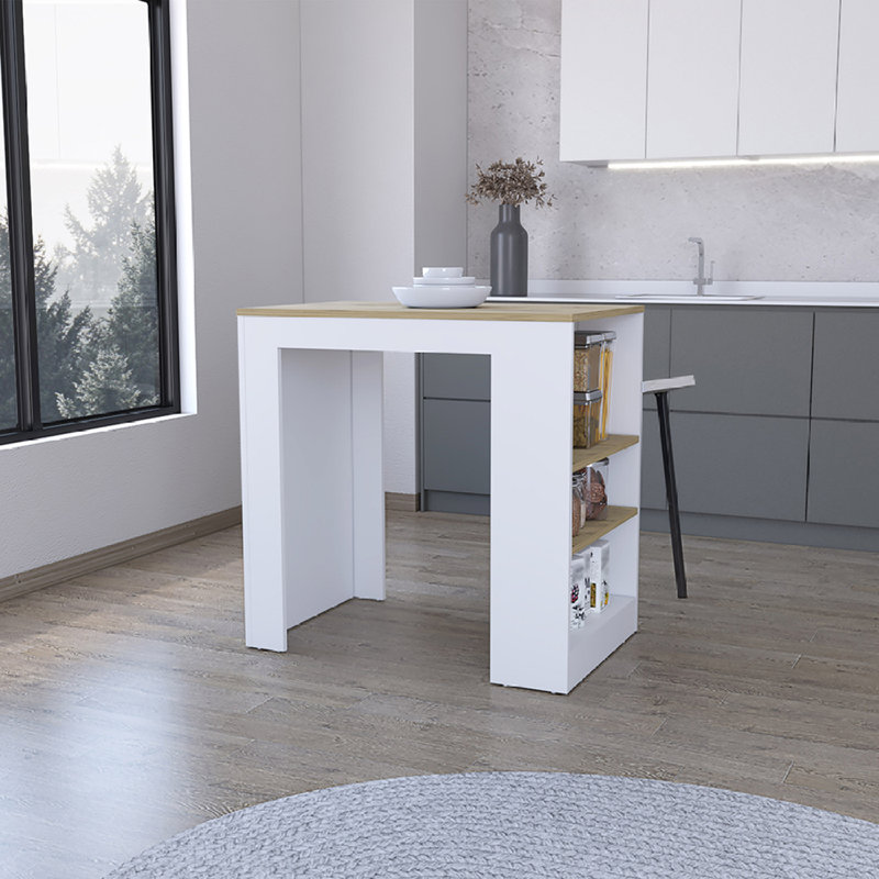 Îlot de cuisine Harlan, plateau de table à hauteur de comptoir avec tablette à 3 côtés, Blanc