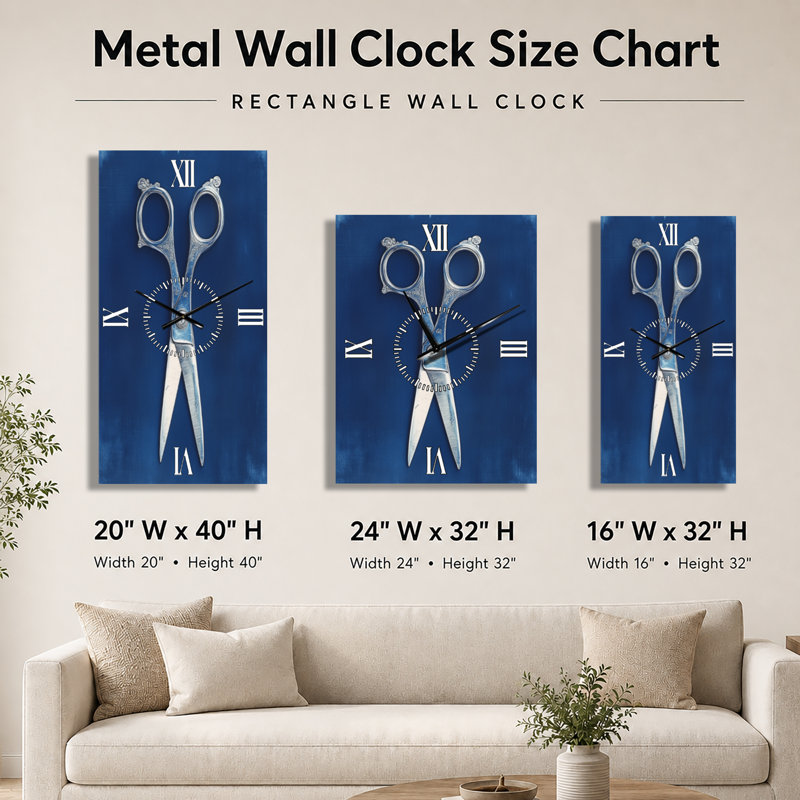 Ciseaux de couture bleus de Prusse I - Grande horloge murale industrielle, H 32 po x l 24 po - Rectangle