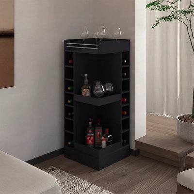 Bar de coin noir avec support à vin et tablette ouverte