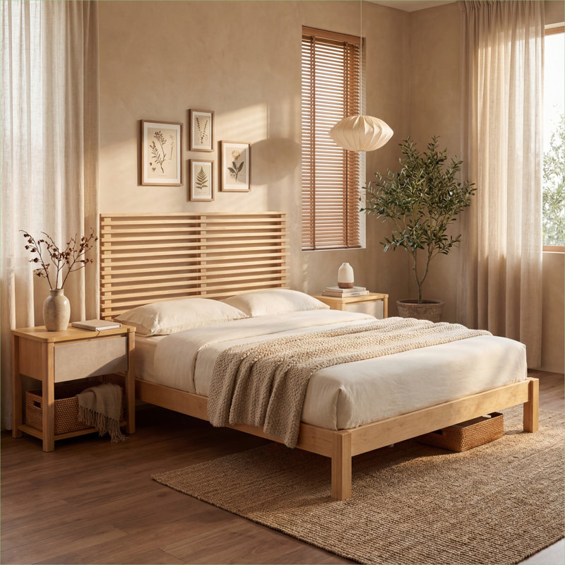 Tête de lit plateforme en bois naturel naturel avec grand lit plateforme et sommier à lattes