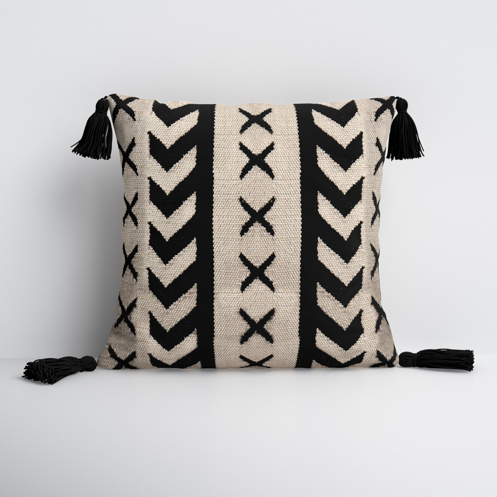 Black and White Geo Print Tasseled Outdoor 22 Square Throw Pillow