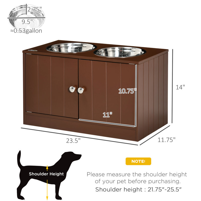 Armoire à nourriture surélevée pour chien - 22,5 po de longueur, bols surélevés bruns