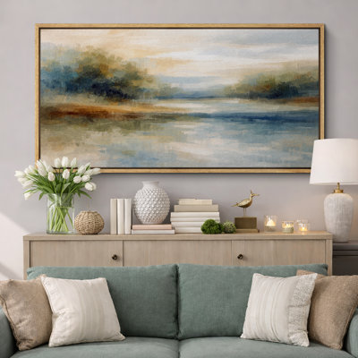 Soft Blue Green Lake Landscape Artwork, Modern Bedroom Pictures, Framed Canvas Giclee Print Wall Art