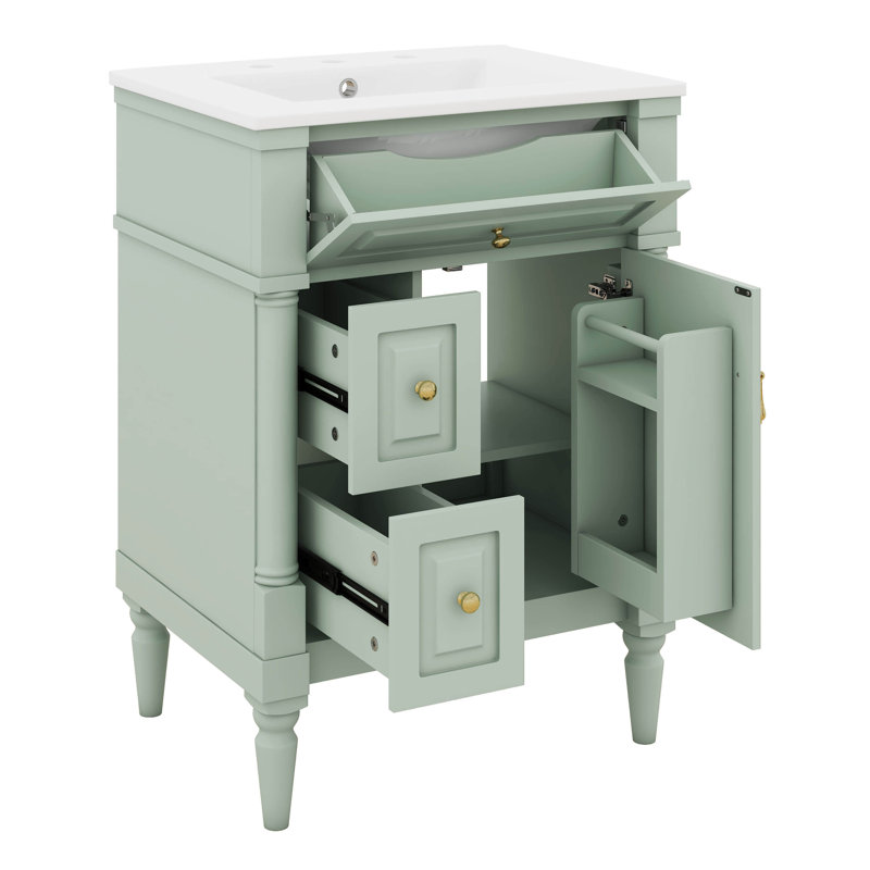 Meuble-lavabo 24 po avec lavabo, petit meuble-lavabo simple avec 2 tiroirs, tiroir rabattable, tablette de porte, tablette réglable