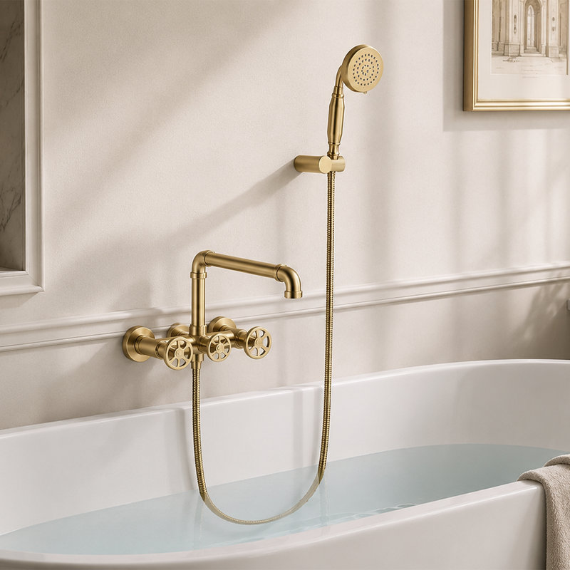 3 Handle Wall Clawfoot Tub Faucet with Diverter, Brushed Gold
