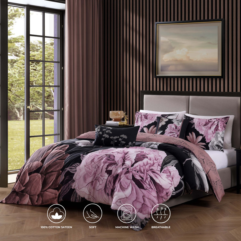 Ensemble d'édredon réversible 100% satin de coton 5 pièces Bebejan, Édredon de grand lit + 4 pièces additionnelles