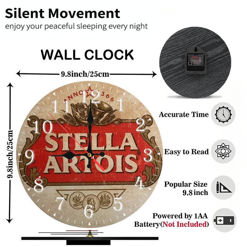 Horloge murale en bois 10 po, mouvement silencieux, à piles (piles AA non incluses), décor artistique, parfait pour les décorations