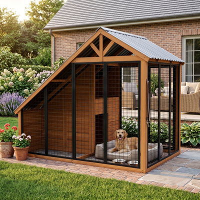 Outdoor Dog House with Steel Roof, Wood Dog Kennel