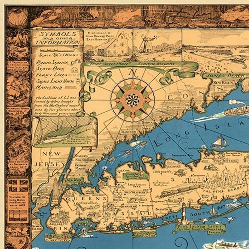 Art mural rétro de 16 po x 16 po 1933, carte de Long Island