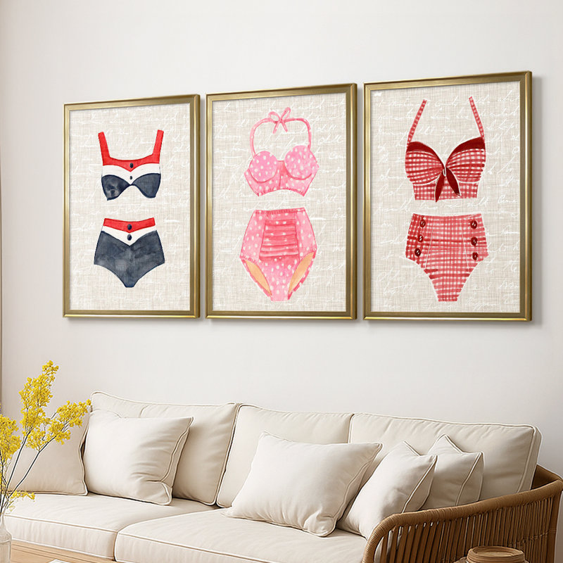 Toile rétro sur toile tendue avec cadre rétro "Natation I" - 3 pièces, H 15 po x l 19 po, Doré