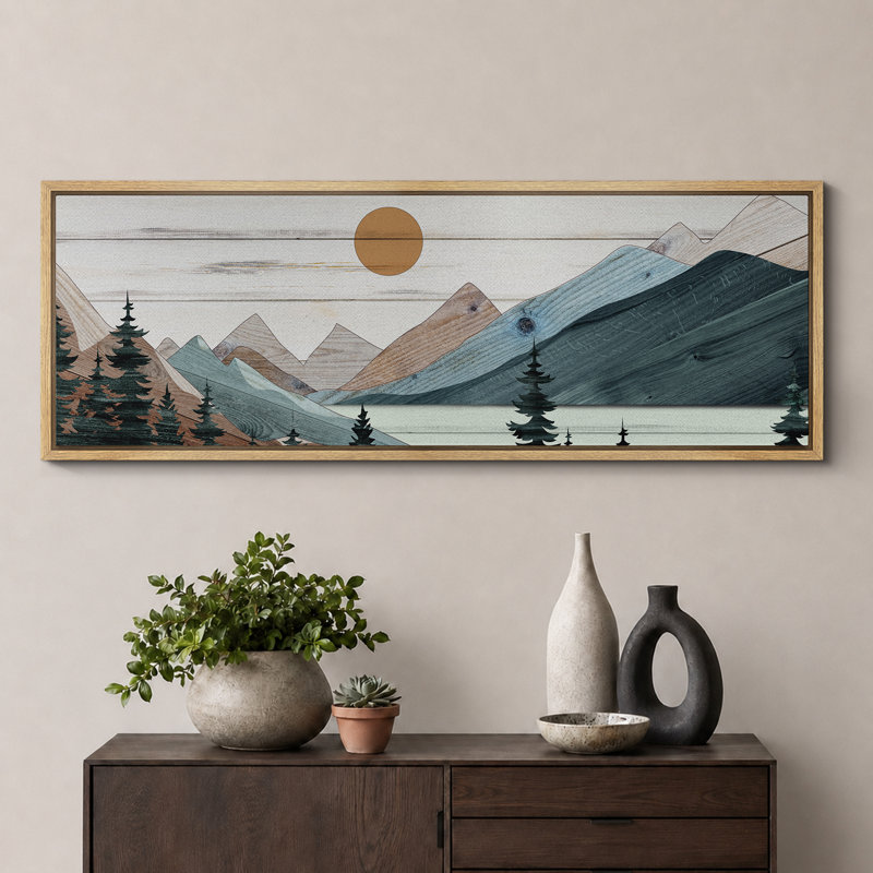 «Western Wood Effect Landscape Tranquil Wood Effect Mountain Sunset», reproduction sur toile, H 20 po x l 60 po, Naturel