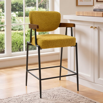 Walnut-Veneered Wraparound Counter Stool with Upholstered Seat and Armrest