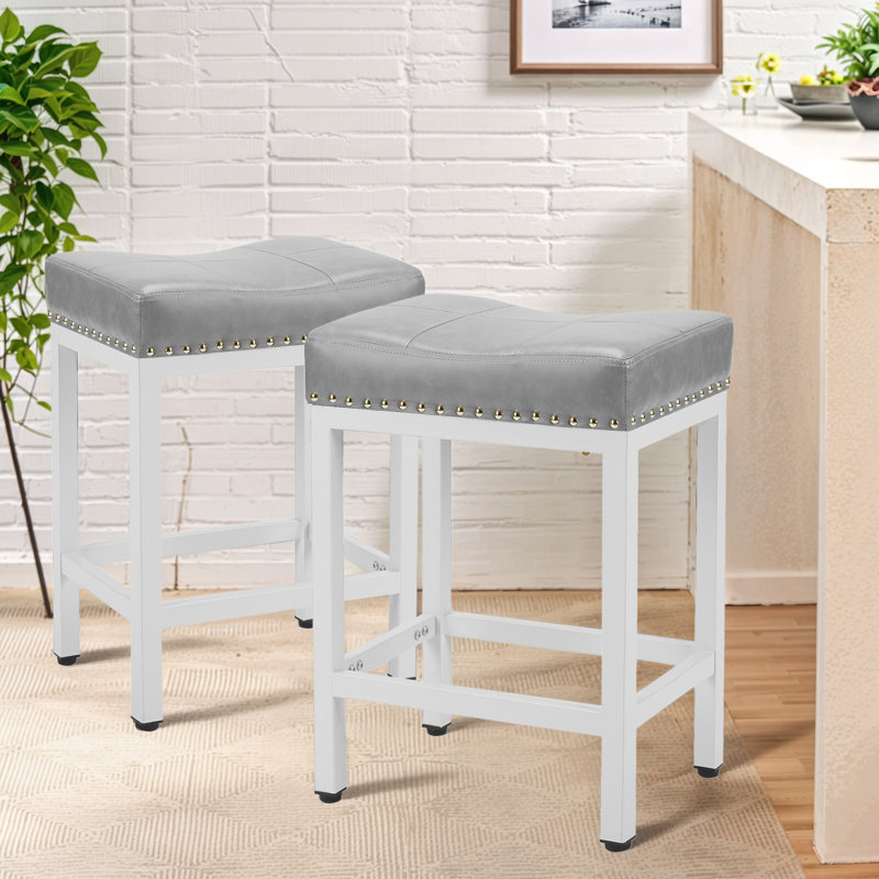 24 inch Counter Height Bar Stools, Upholstered Modern Kitchen Barstools with Metal Base, PU Leather Saddle Stools for Kitchen Island
