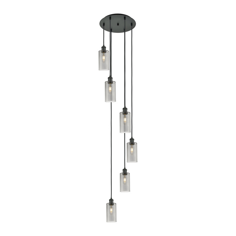 Caius - Luminaire suspendu 6 lumières à cordon, Noir mat, H 132,88 po x l 15,75 po, Gris fumée clair
