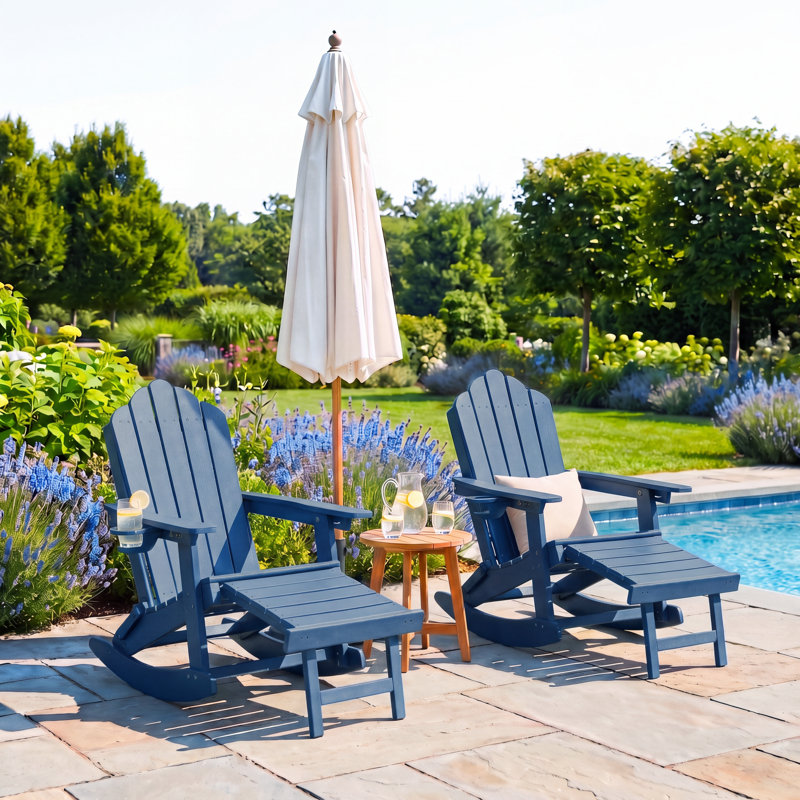 Chaise berçante pliante en PEHD Adirondack avec repose-pieds, porte-gobelet et base amovible, Navy
