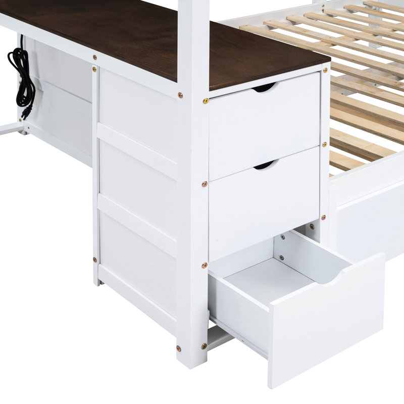 Lit superposé blanc + noyer avec lit gigogne simple, bureau fonctionnel, rangement et prises de courant - Blanc + noyer