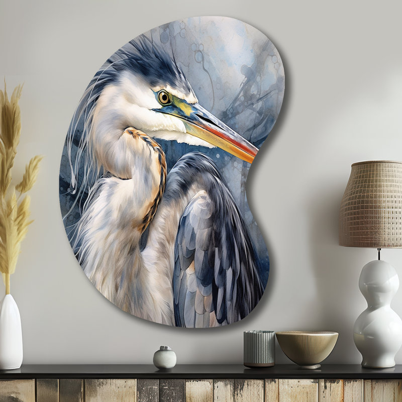 «Heron Waterbird II», reproduction d'art asymétrique bleue en métal, H 39 po x l 28 po