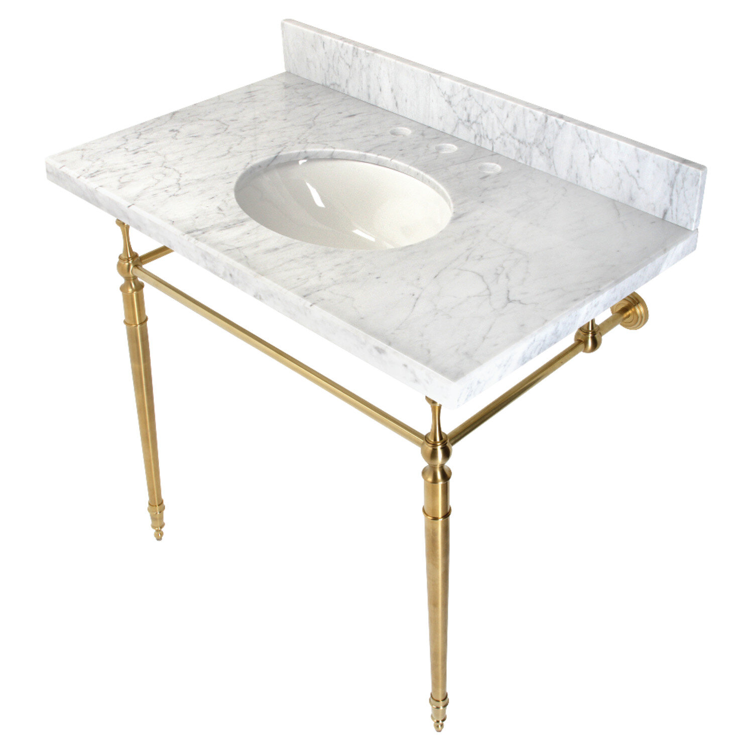 Kingston Brass KVPB3622M87 36 in. Edwardian Console Sink with Brass Legs - 8 in. 3 Hole, Marble White & Brushed Brass