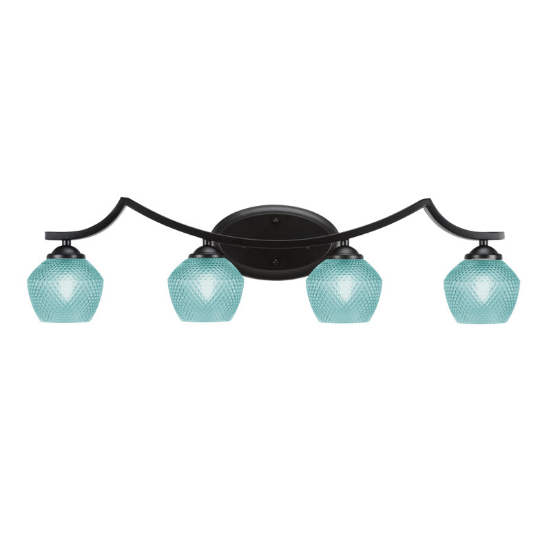 Barre d'éclairage de salle de bain 4 lumières en verre turquoise de 6 po Shutesbury, Bleu, Noir mat