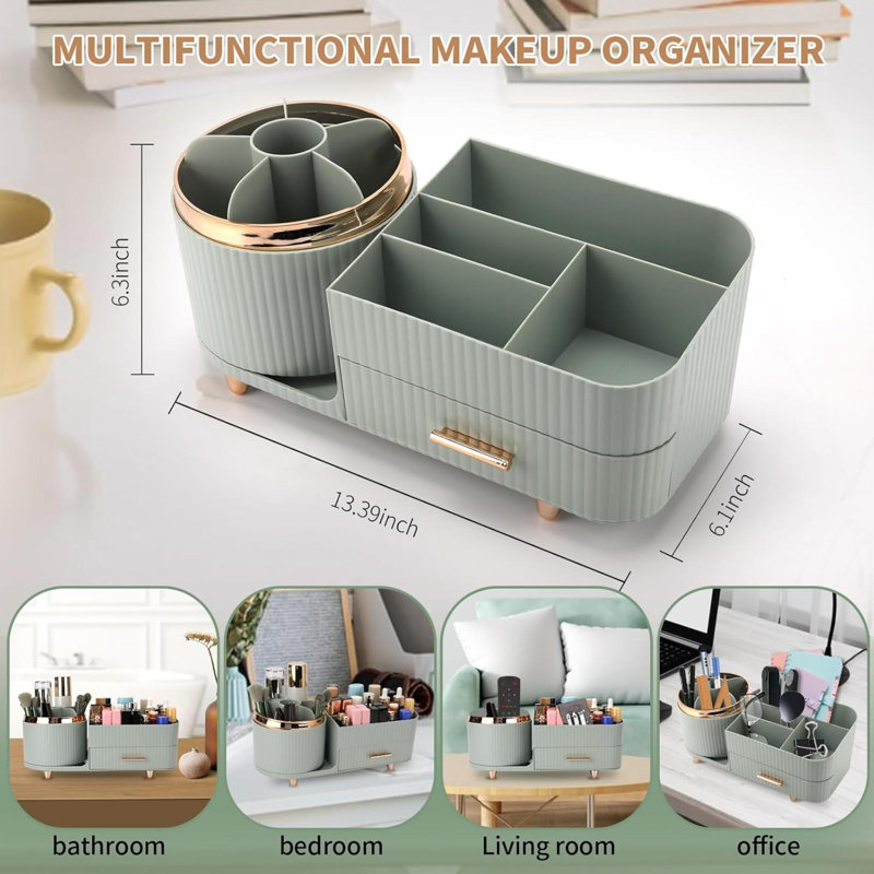 Organisateur de maquillage pour coiffeuse, présentoir à cosmétiques avec tiroirs, convient au maquillage, aux produits de soins de la peau, aux brosses, aux rouges à lèvres et à d'autres accessoires, solution de rangement polyvalente (vert)