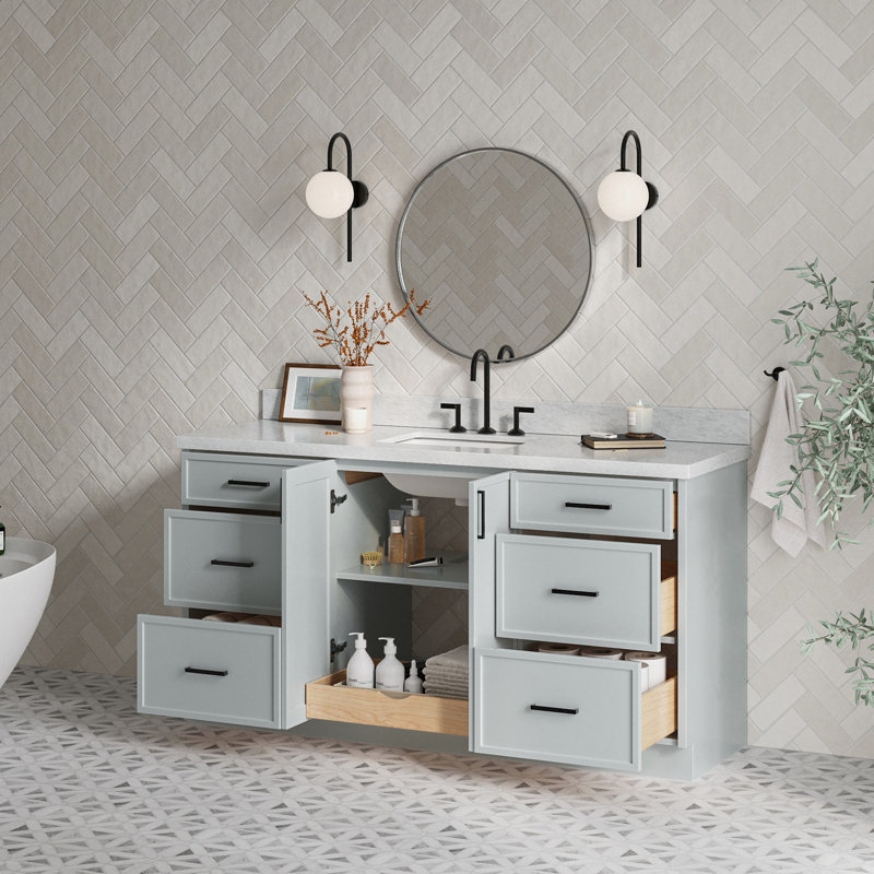 Ariel Kelly 67 Inch Single Rectangular Sink Bathroom Vanity With Italian Carrara Marble Countertop, Gray