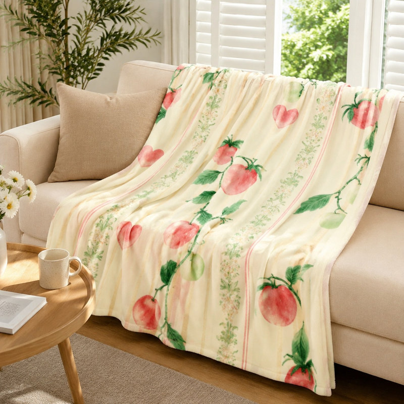 Plaid douillet en flanelle, motif cœur et vigne de tomates, doux, léger, respirant, toutes saisons, agréable pour la peau, lavable à la machine, décoratif, pour canapé, fauteuil, salon et chambre
